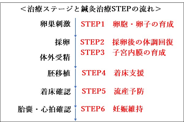 病院の治療ステージに対応する鍼灸治療のSTEPを表示した図